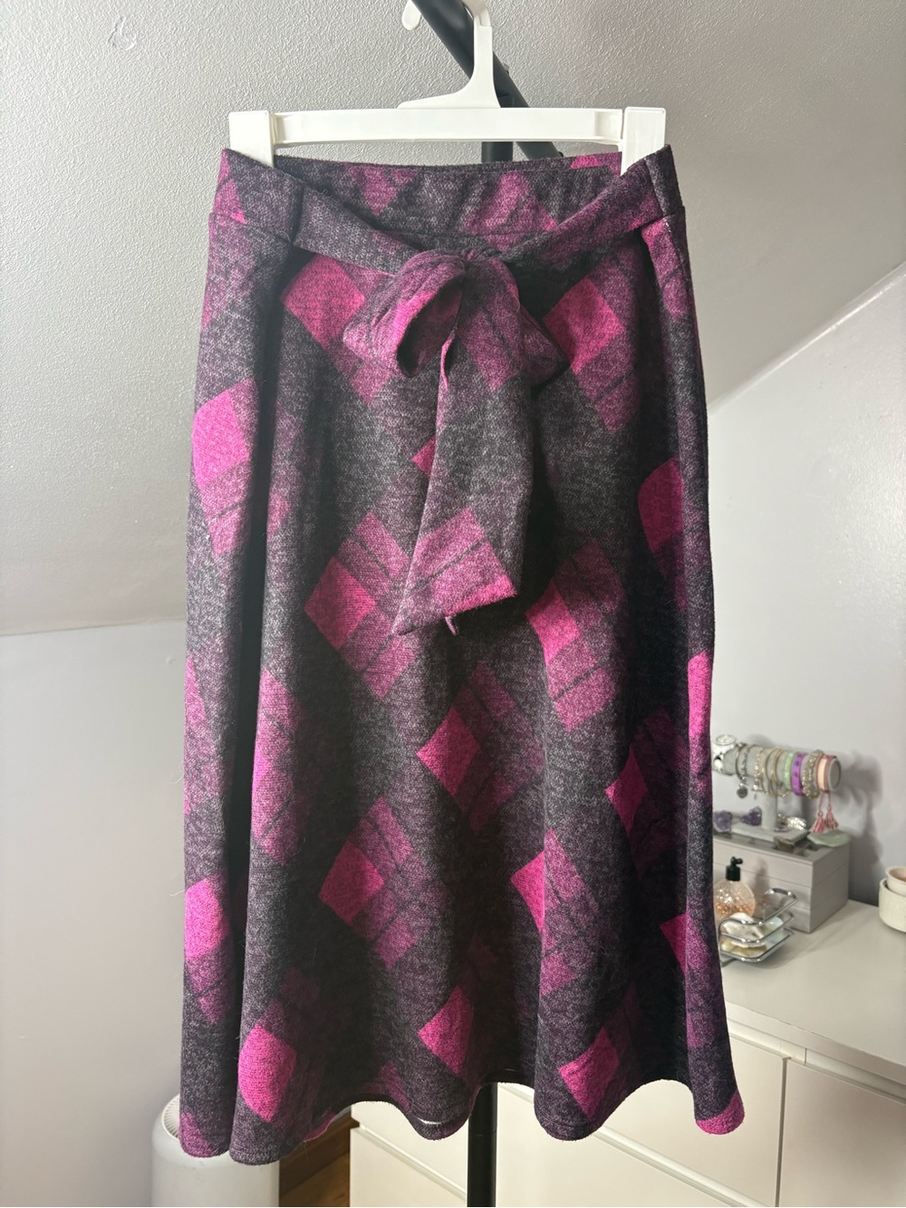 Women's A-Line Plaid Tie-Waist Skirt - Pink & Gray